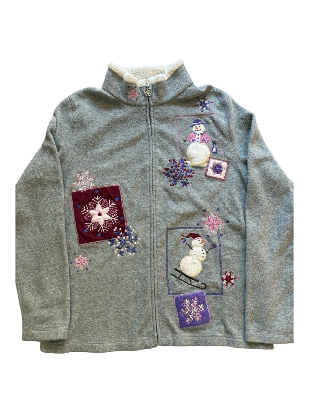 Late 90s Y2K Fleece Jacket Grandmacore Embroidered Snowman Croft & Barrow Gray M